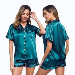 Swomog Silk Satin Button Up Pajama Shorts & Short Sleeve Teal Sleepwear XS NWOT